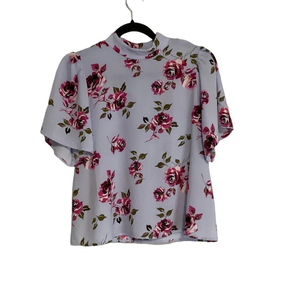 BP Blouse Periwinkle Floral High Neckline Mature Modest Office Business Size S